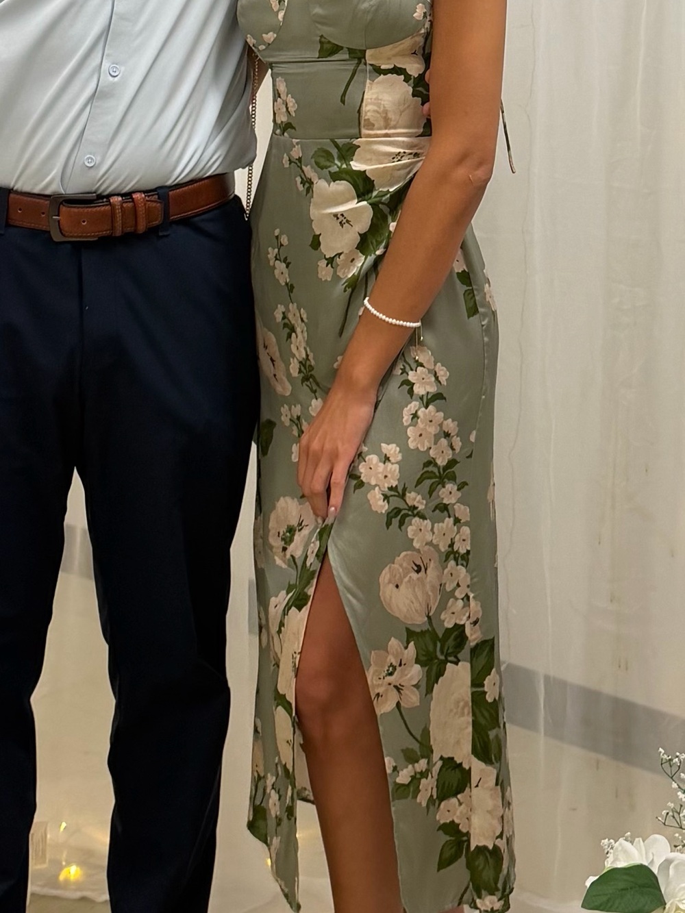 Reformation Marguerite Tarragon Floral Satin Strapless Slip Dress with Side Slit - Picture 3 of 5